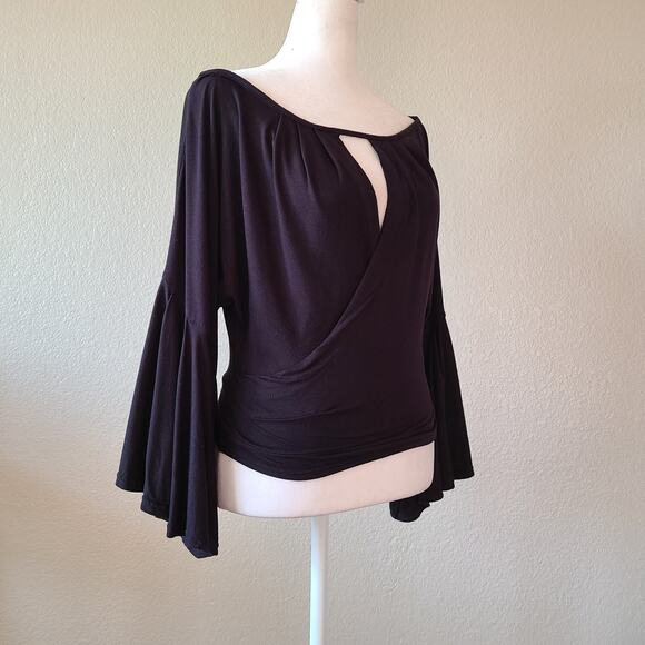 Whimsigoth Witchy Free People Top XS Black Boho Off The Shoulder Bell Sleeves - Picture 2 of 12